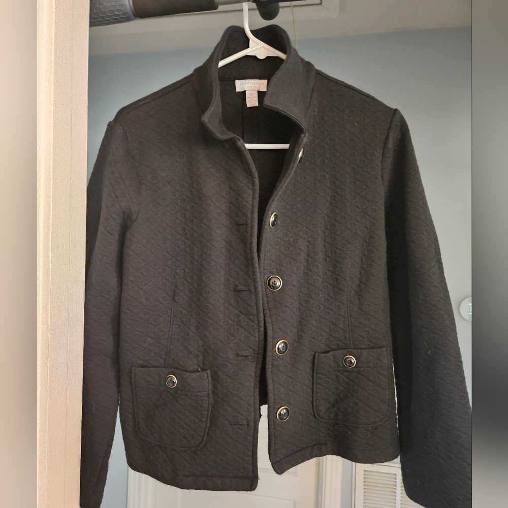 Charter Club Black Button Up Quilted Pea Coat Petite